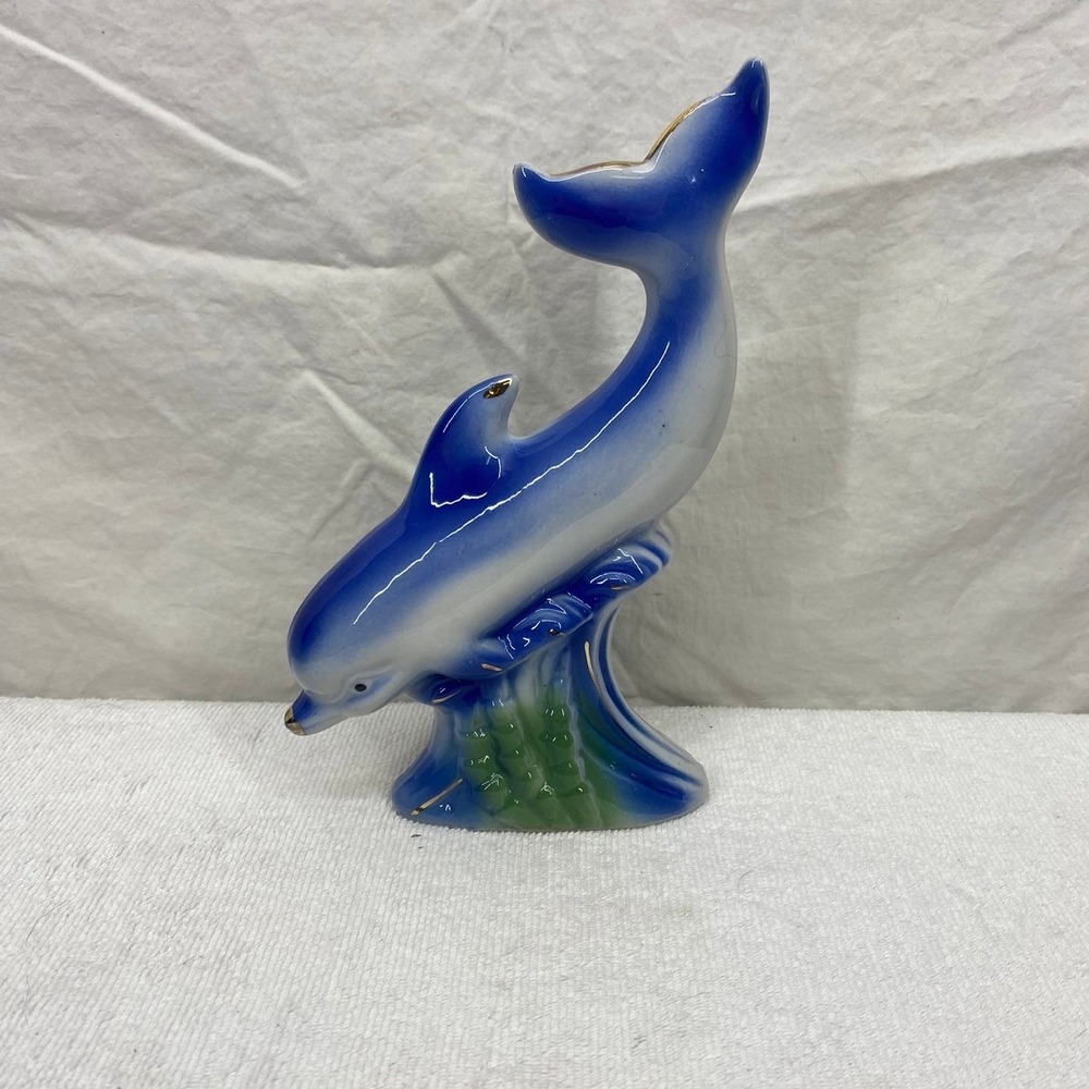 Vintage Blue White Ceramic Dolphin Leaping Wave Figurine Gold Accents 7.5 Inch